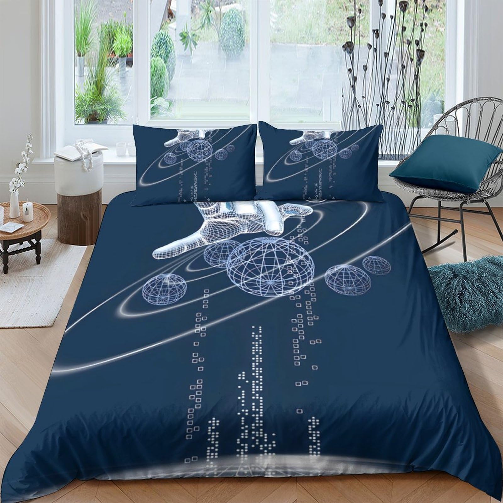GPLZQXKJNH 3D Printed Space Astronaut Duvet Cover Microfiber Soft Breathable Solar System Bedding Set with 2 Pillowcases for Bedroom Single（135x200cm）