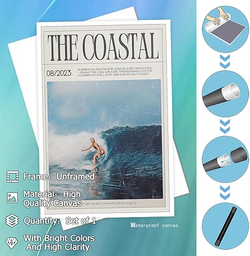 Miniatura 2 de Arte de pared de verano de moda con diseño de vaca costera, niña, surfista, pósteres de lona para playa, preppy, estética, portada de revista,