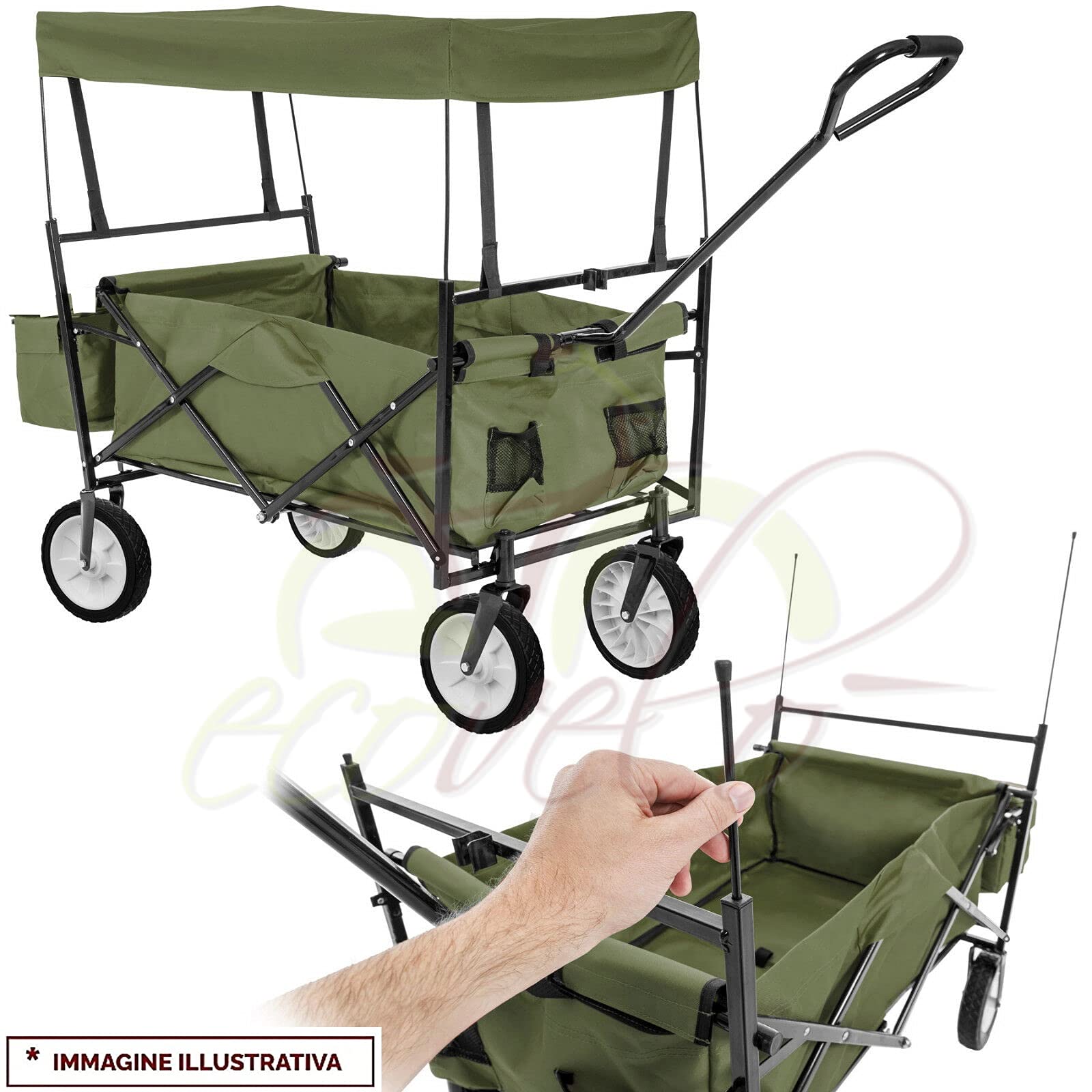 ECOVELO' CARRELLO A MANO PIEGHEVOLE DA SPIAGGIA MAX 80KG CON TETTUCCIO CARRETTO DA GIARDINO RICHIUDIBILE PER CAMPEGGIO