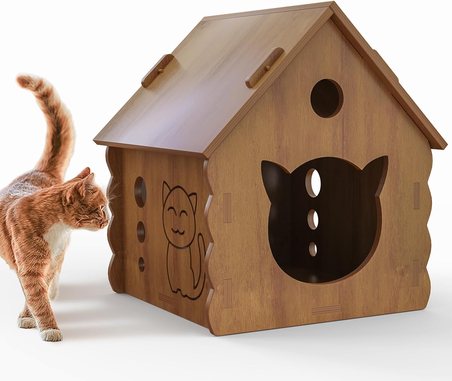 Cute Gable Roof Small Wooden Cat House, Indoor Outdoor Multi-Ply Wood Cat Shelter with Rainproof Windproof, Easy Assemble Move & Clean, Breathable Cat Hut for Kittens (White)