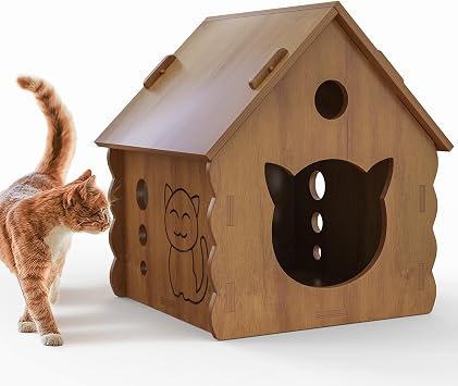 Cute Gable Roof Small Wooden Cat House, Indoor Outdoor Multi-Ply Wood Cat Shelter with Rainproof Windproof, Easy Assemble Move & Clean, Breathable Cat Hut for Kittens Brown