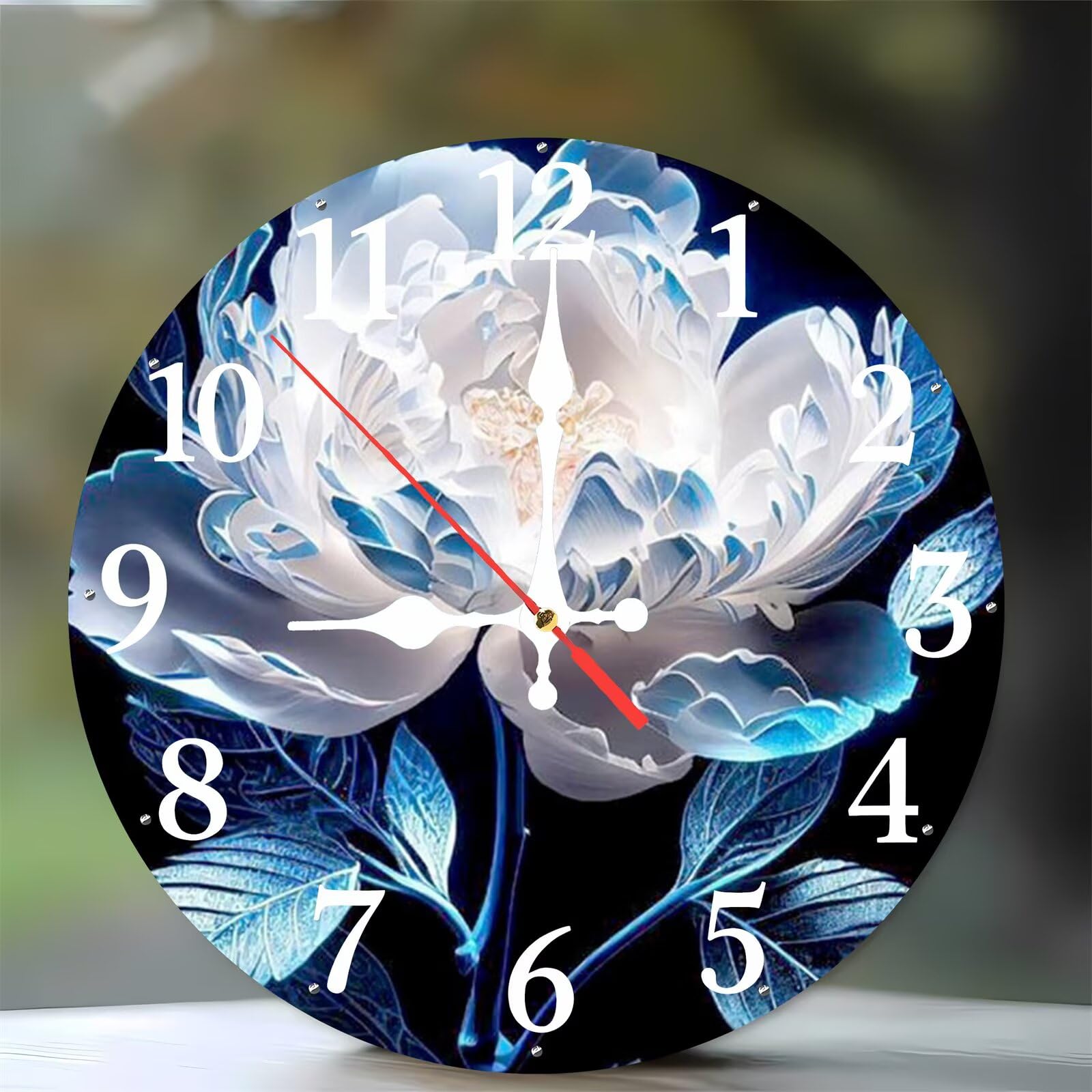 Horloge murale cuisine et salon bois motif pivoine blanche design moderne