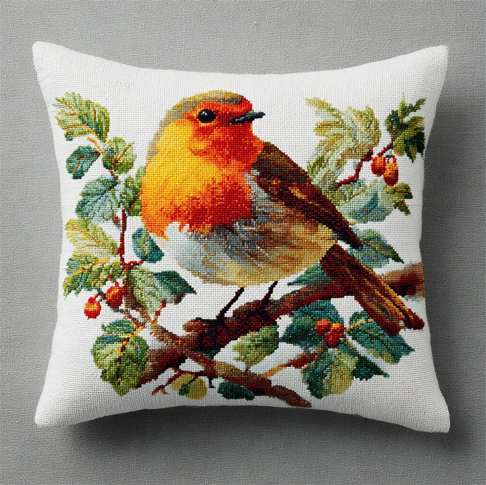 Henypt Diy Counted Cross Stitch Pillow Kit Robin Bird 17.7X17.7in(45X45cm) Embroidery Pillow Case Kit, Needlepoint Cushion Kit Cushion Kit Needlepoint Craft Set