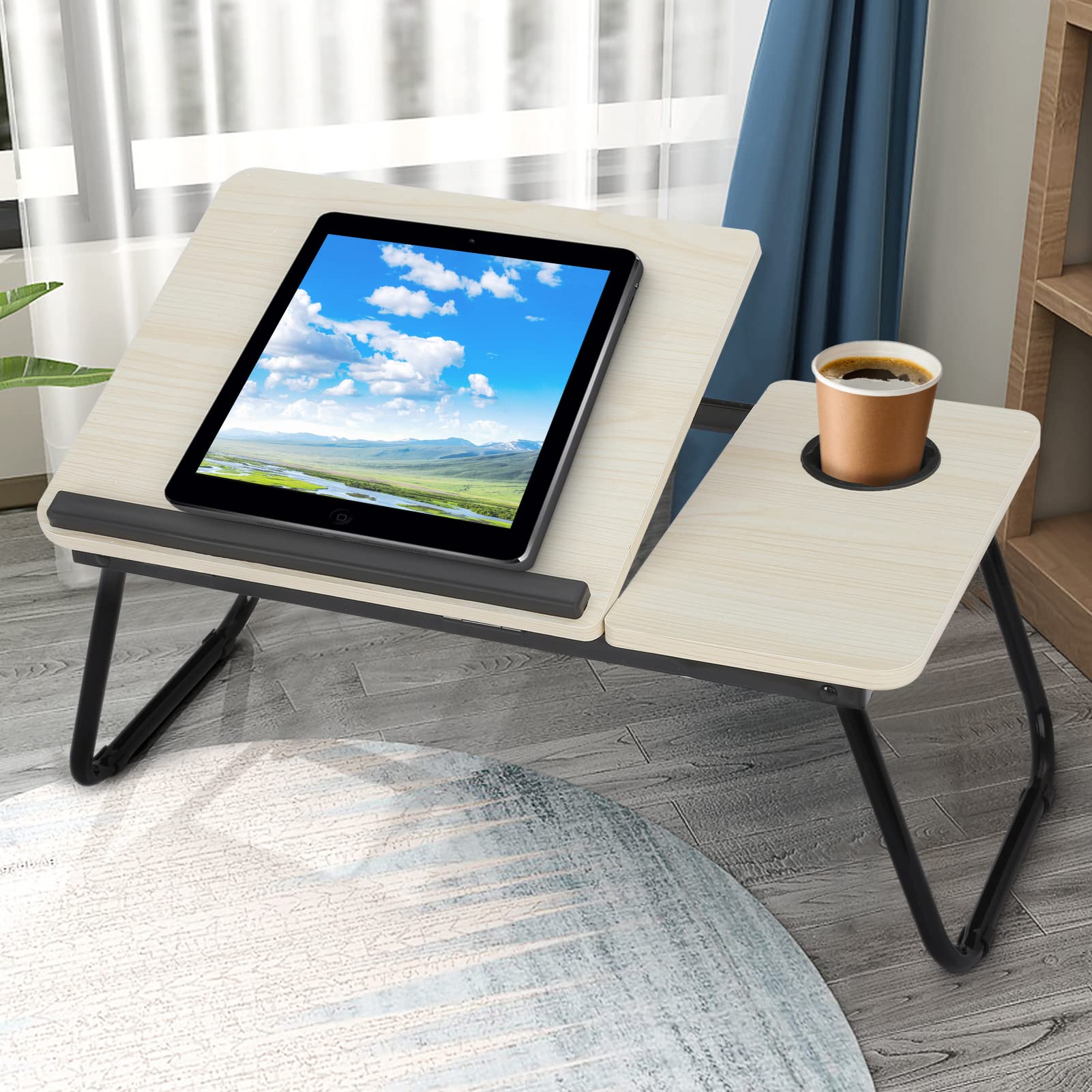 Tavolo pieghevole per computer portatile, 55 x 32 x 25 cm, per tablet e computer portatile, con porta bevande, per lettura o colazione (bianco)