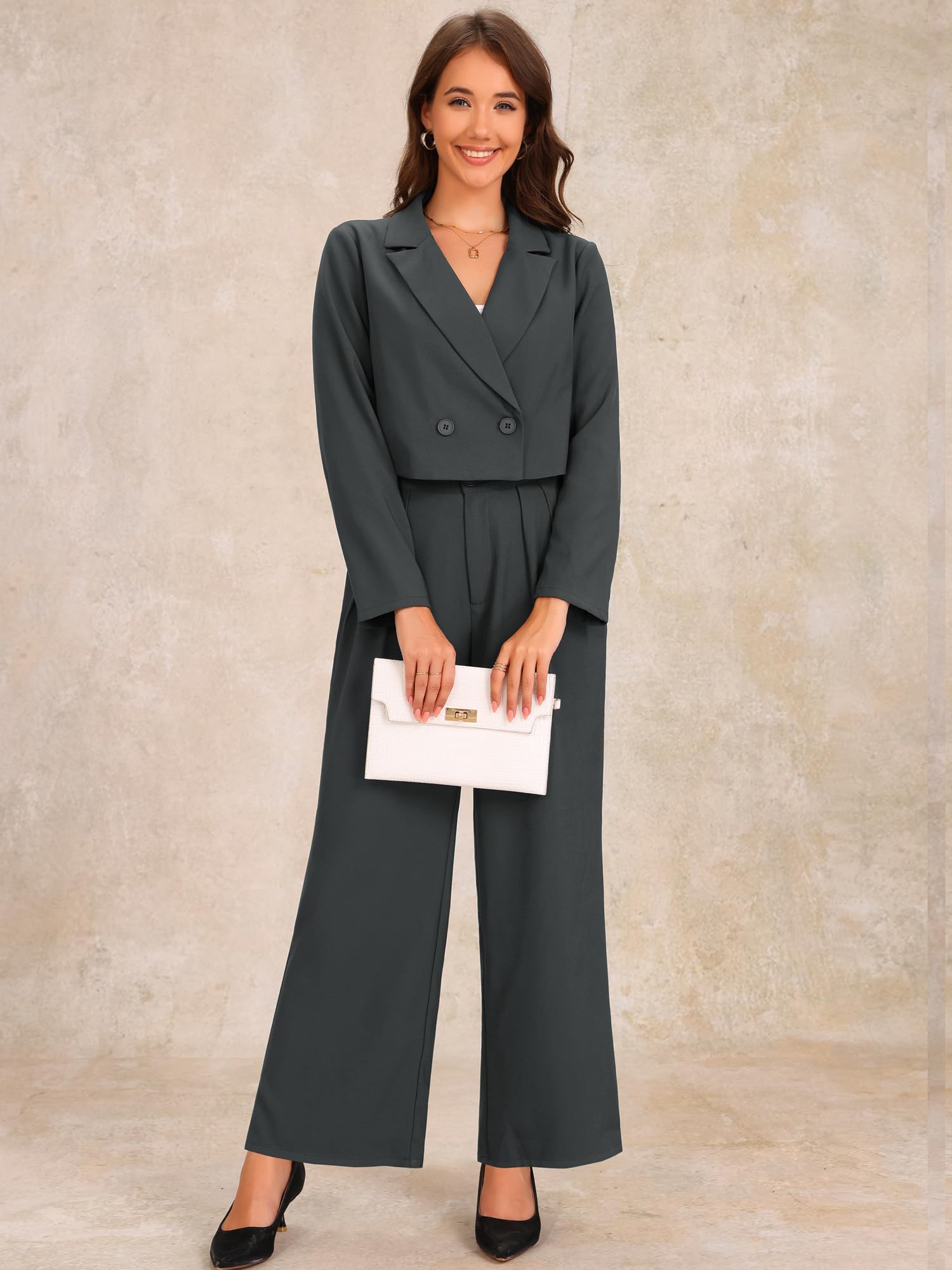 Allegra K Femme Ensemble Veste Croisée Pantalon Large 2 Pièces | Poches Latérales Revers Crantés Veste Courte Pantalon Large Habillé Bureau Rendez Vous Mariage Fête