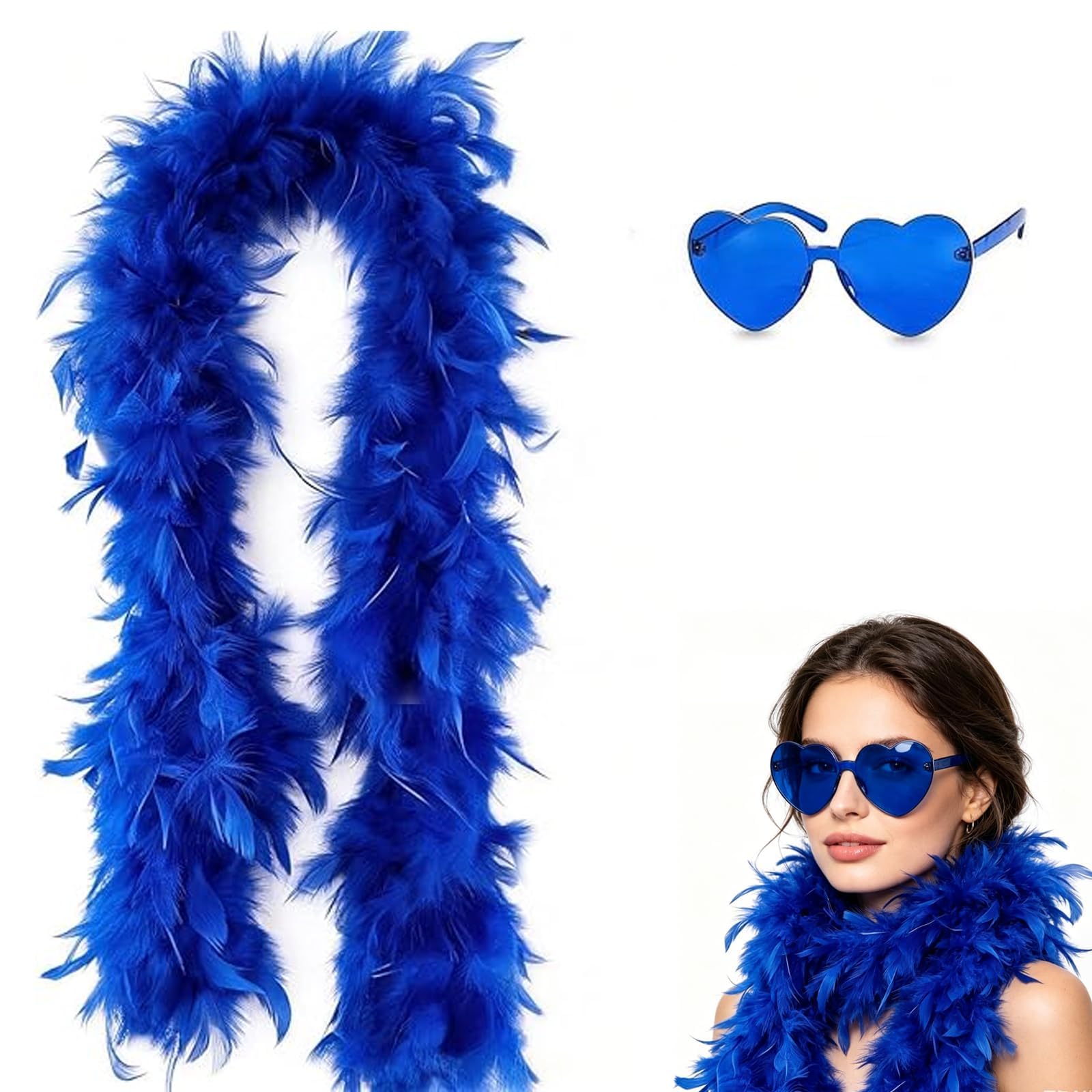 QhgPnt Feather Boa, Blue Feather Boa Accessory Set, Light Blue Feather Scarf with Blue Heart Sunglasses, Costume Party Attire, Dance Performance Props, Themed Event Accessories