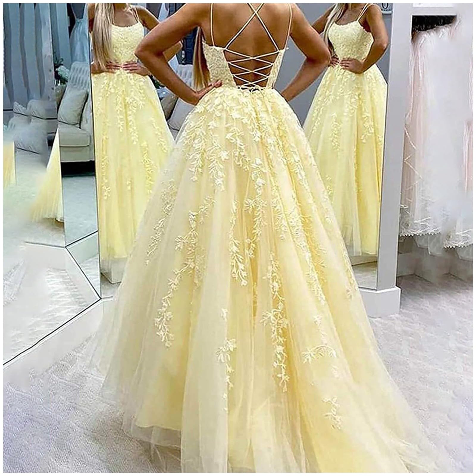 Kleid Hochzeitsgast Damen Ballkleid Aus Tüll Mit Spaghettiträgern Spitzenapplikationen Brautkleider a Linie Formelle Party Abendkleider Ballkleider Lang Cocktailkleid Brautjungfernkleid
