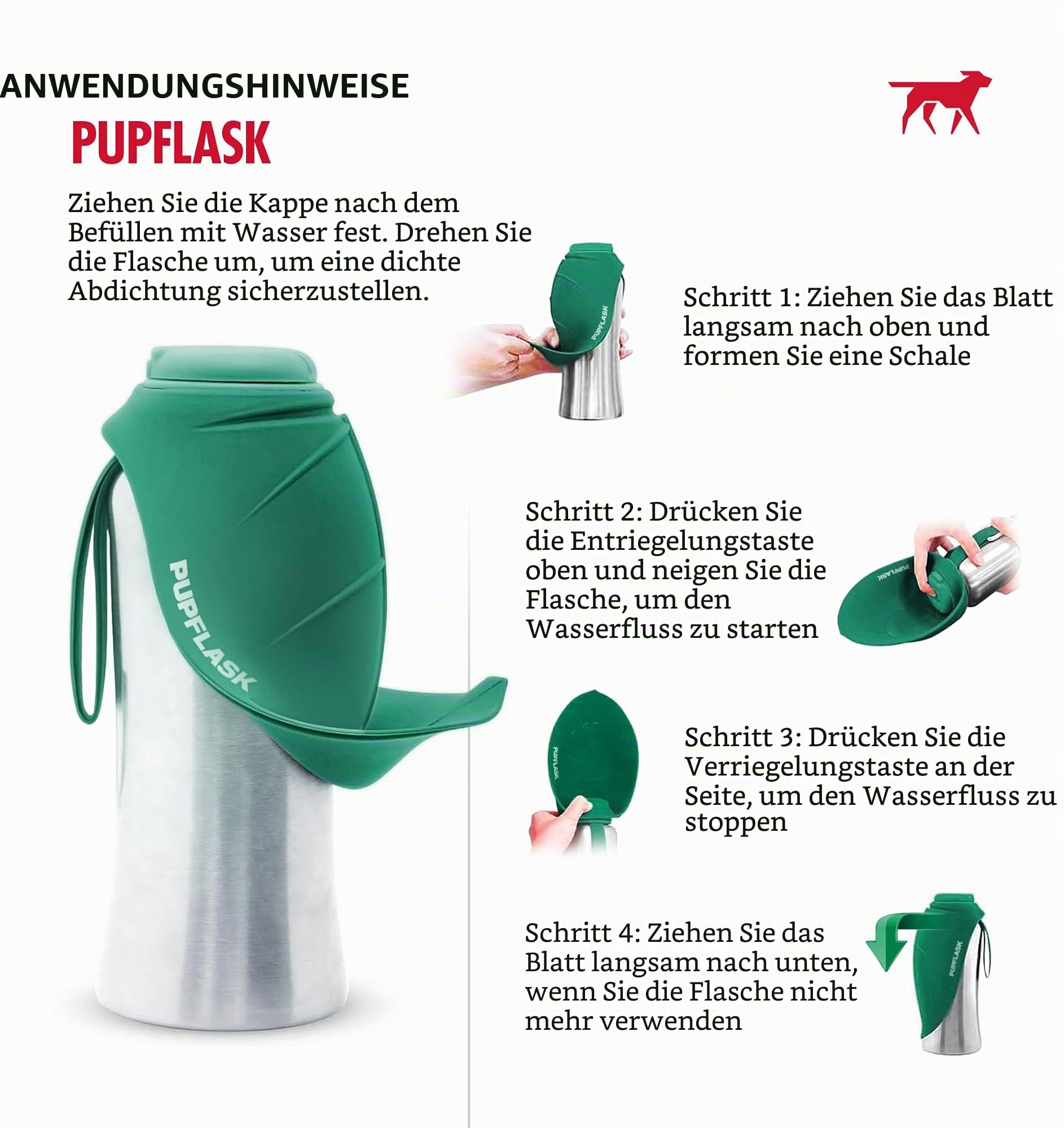 PupFlask Large Dog Water Bottle | 800 or 1200 ml Stainless Steel | Convenient Dog Water Dispenser | Puppy Travel Water Bowl | Portable Pet Water Bottle | Leak Proof Bottle Perfect Size for All Breed