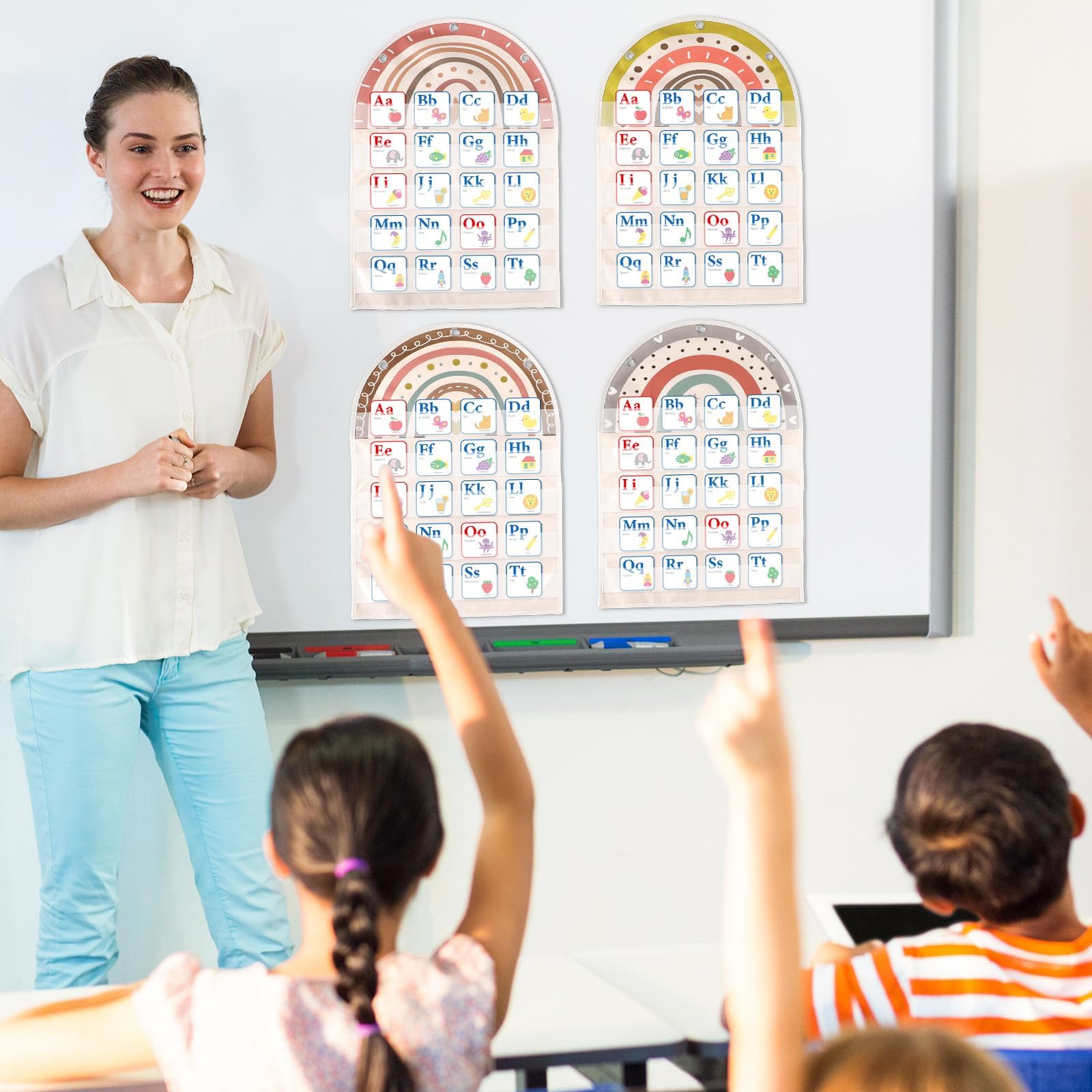 Qyeahkj 6Pcs Classroom Magnetic Pocket Chart Small Boho Rainbow Hanging Scheduling Pocket Chart Management Back to School Resources for Preschool Kids Sentence Strips Cards Office Supplies 17 x 14in - Image 5