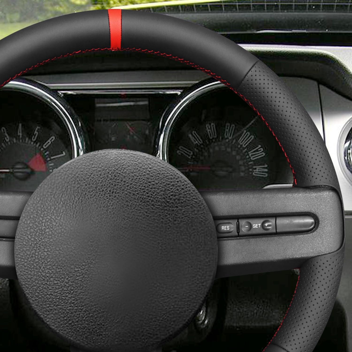 MEWANT Hand Stitch Black Artificial Leather Steering Wheel Cover for Ford Mustang 2005-2012 DIY Steering Wheel Protector