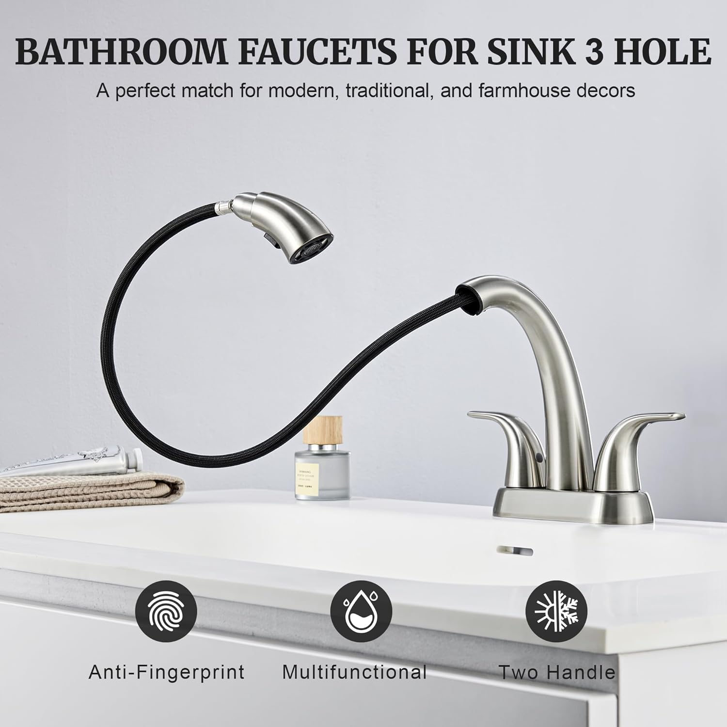 Ultimate Unicorn Brushed Nickel Bathroom Sink Faucet - 4 Inch Centerset Pull Down Vanity Faucets 3 Hole with Pop Up Drain - Two Handle Modern Washbasin Tap Set with Pull Out Sprayer for Rv Restroom - Image 9
