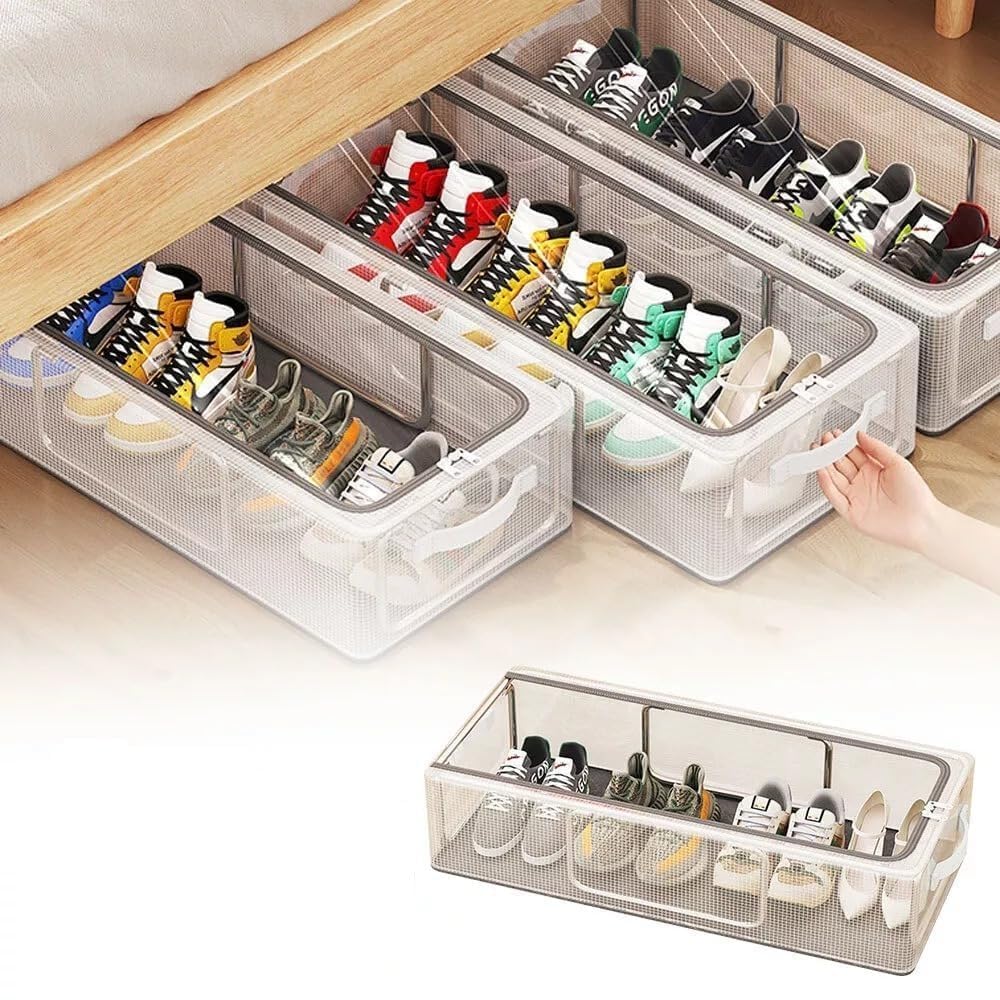 DDN_R_ Shoe Organiser For Home Transparent Lid Fits Under Bed Shoe Storage Organiser Folding Shoe Box Sneaker Holder Container Space Saving (Large, 1, count)