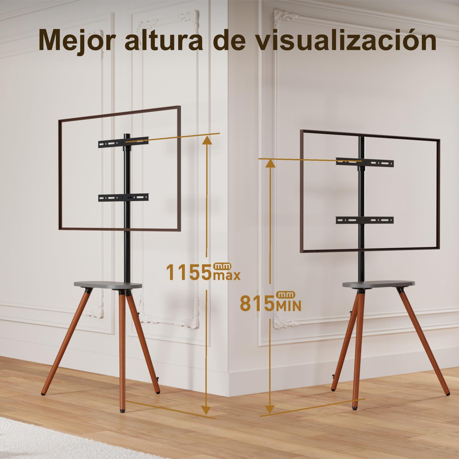 Caballete de TV para Pantalla LCD LED OLED de 43 a 65 Pulgadas | hasta 35 kg, altura regulable y orientable, soporte portátil de madera con bandeja, máx. VESA 400 x 400 mm, Madera Negra