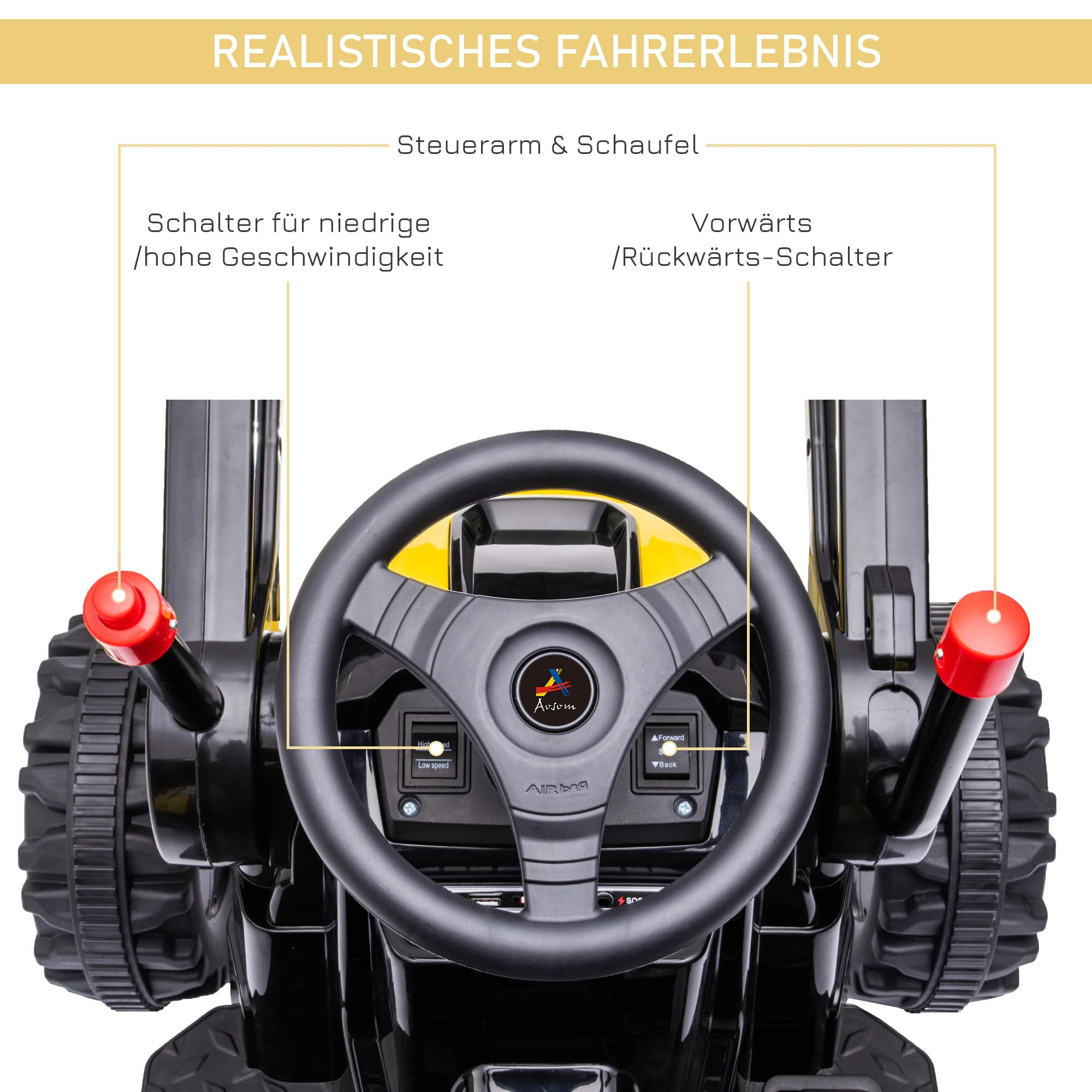 HOMCOM Kinder Elektrobagger Sitzbagger für Kinder Aufsitzbagger Geländewagen Traktor elektrisch zum Fahren mit Musik Schaufel Armen 3–5 Jahre PP-Kunststoff Stahl Gelb 132 x 62 x 65 cm