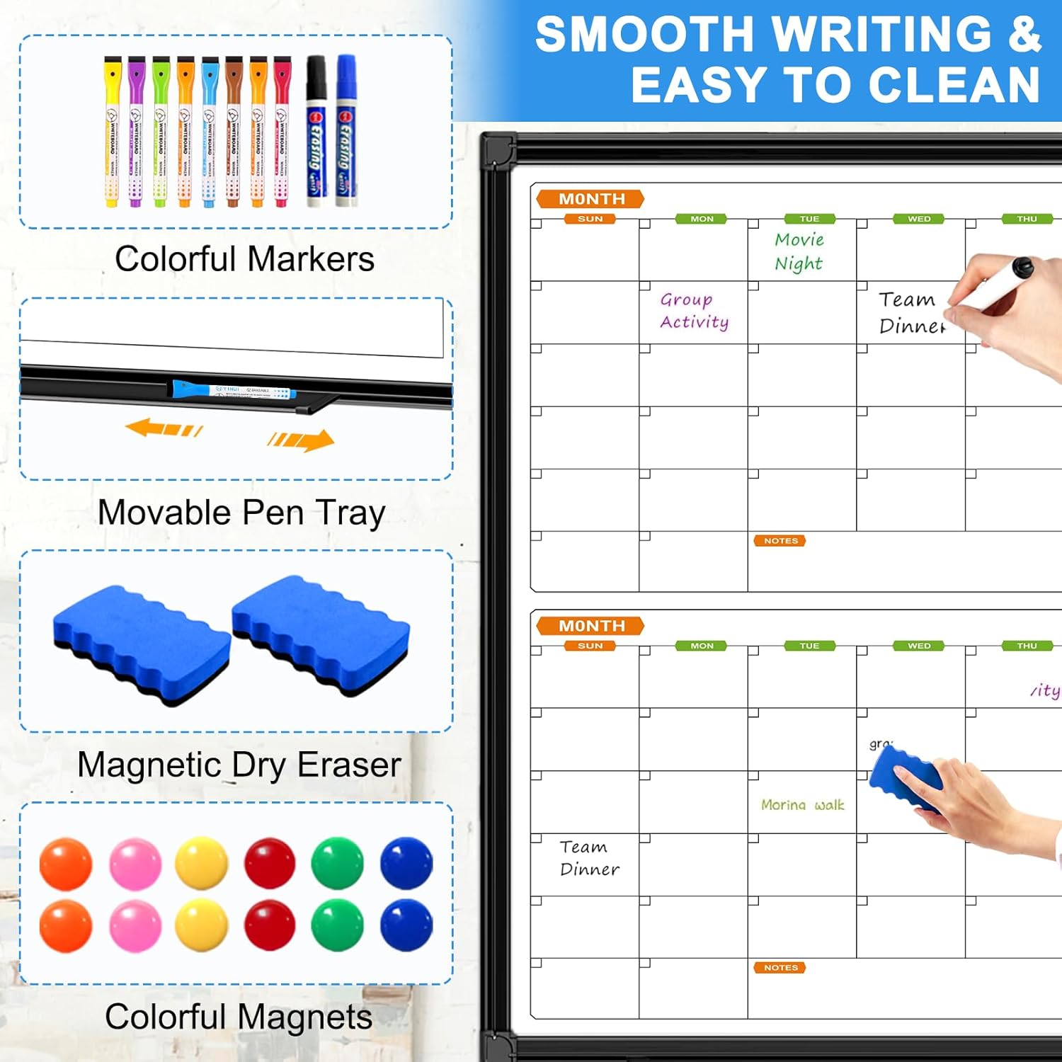 Large Magnetic Dry Erase Calendar Whiteboard Combo 72" x 40", 2 Month Whiteboard Calendar & Dry Erase Board for Wall, Wall Mounted Board with 2 Erase, 10 Marker, 12 Magnet