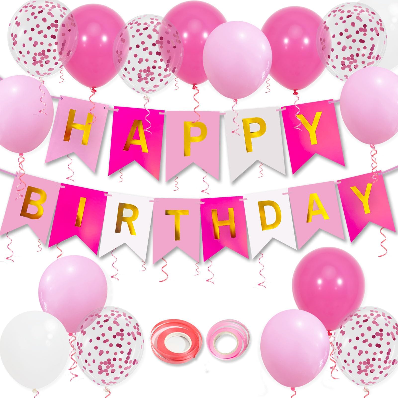 Pink Birthday Decorations, Happy Birthday Banner, 16 pcs 12 inch Balloons with 2 Ribbons for Girl and Women Birthday Party Decoration