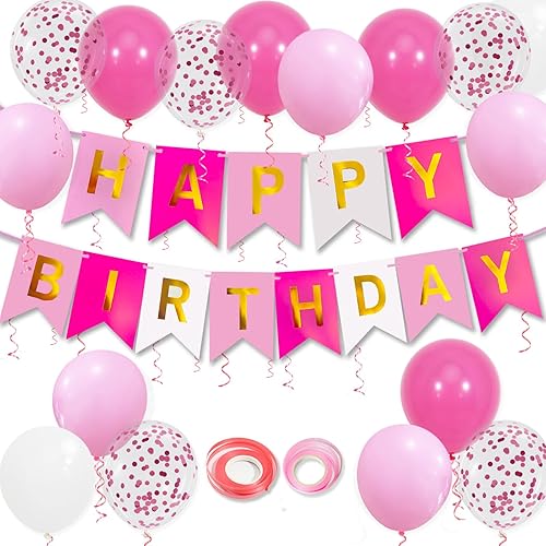 Miniatura 15 de Cartel de feliz cumpleaños, decoración de cumpleaños de oro rosa, 16 globos de 12 pulgadas con 2 cintas para decoración de fiesta de niña y mujer