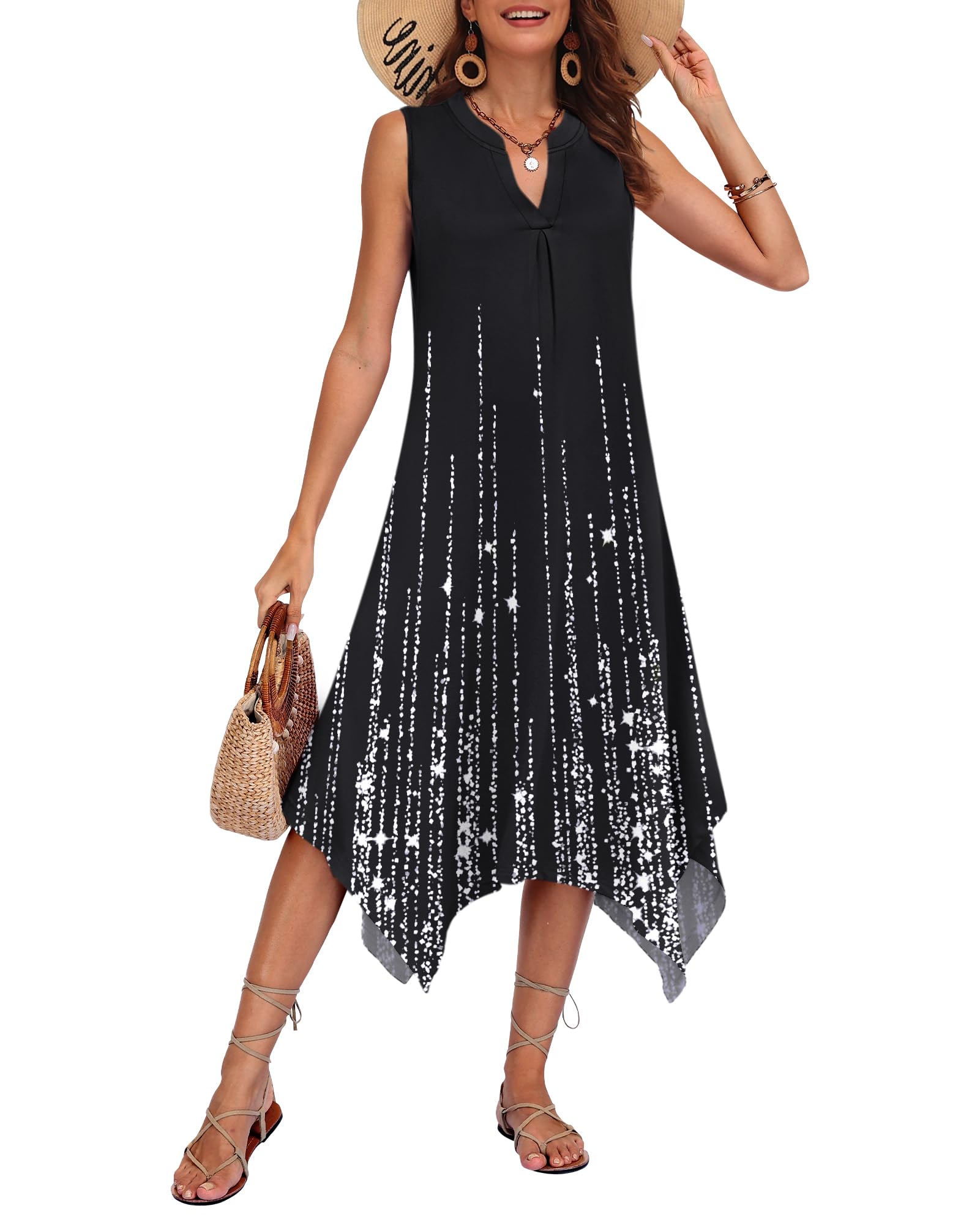 AUSELILY Womens Summer Midi Dress V Neck Sleeveless Casual with Pockets