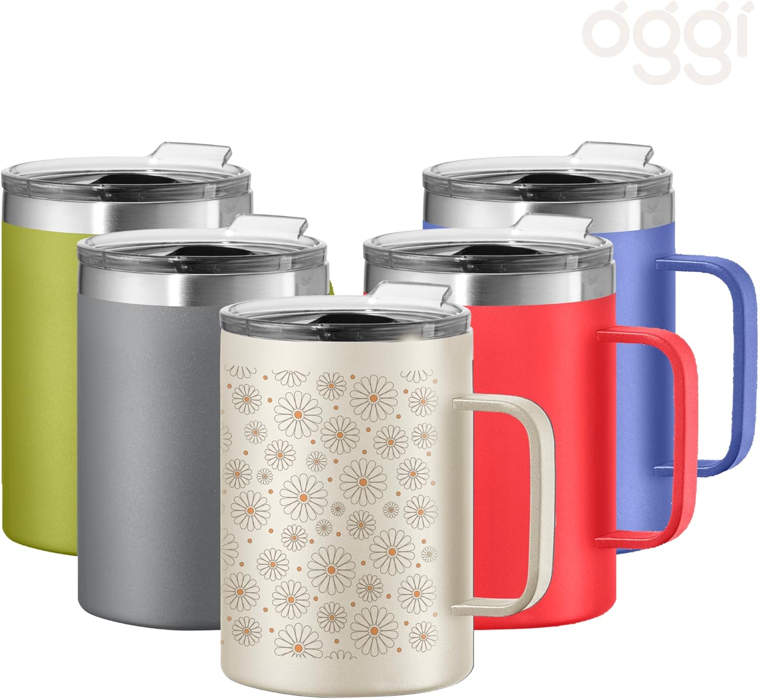 Oggi ThermoMug Stainless Steel Insulated Mug- Double Wall Vacuum Insulated w/Handle & Lid, Coffee Cup, Camping Mug, Travel Thermos, 14oz(420ml), Daisy - Image 2