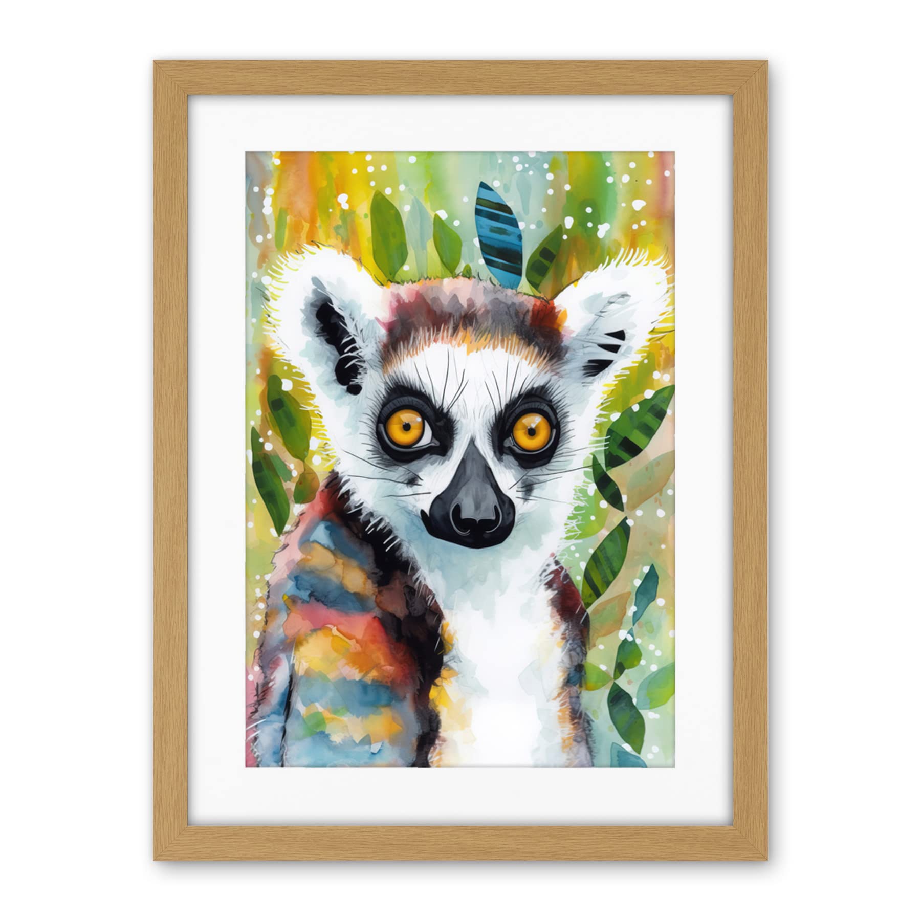 Artery8 Lemur Portrait Folk Art Watercolour Painting Artwork Framed Wall Art Print 18X24 Inch