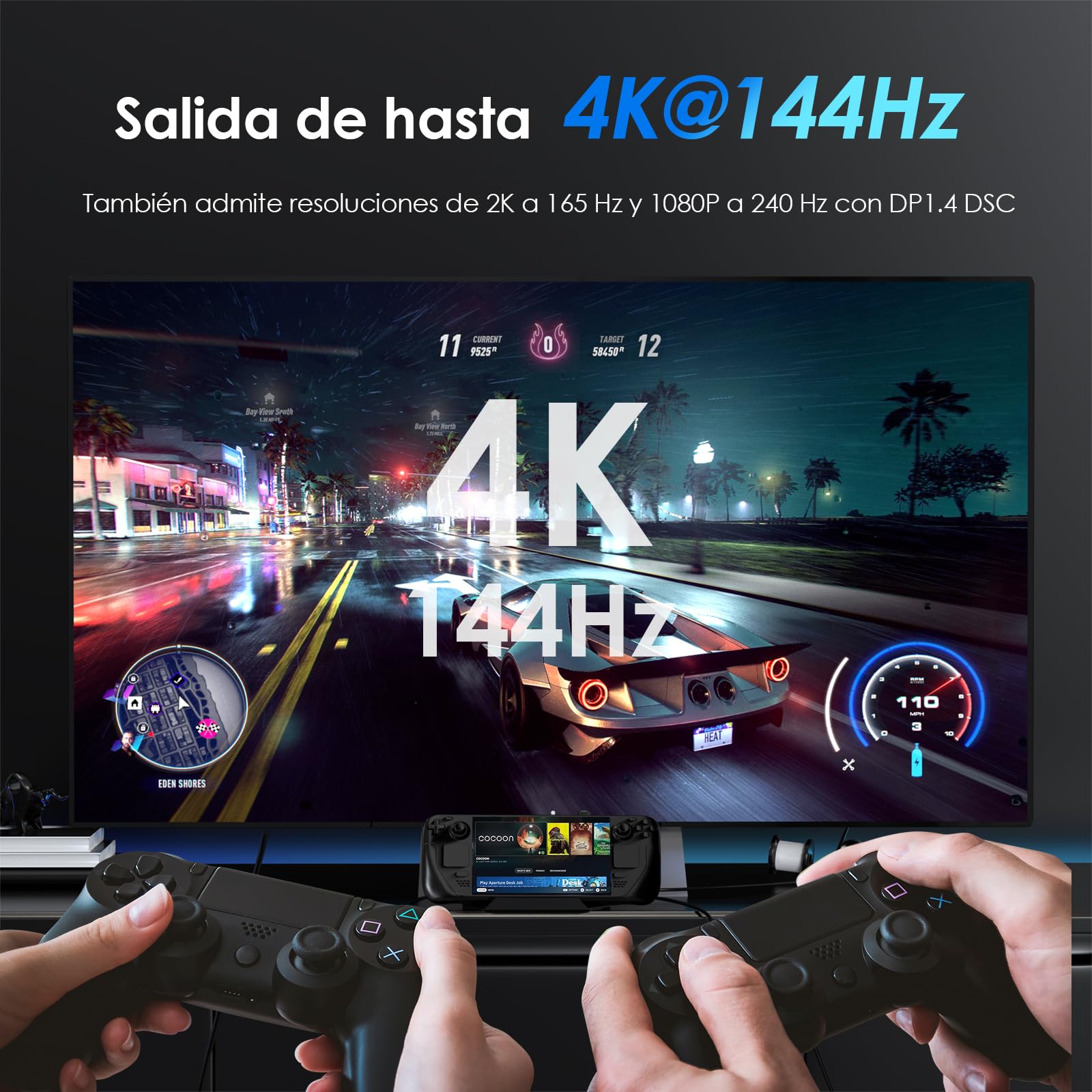 WAVLINK Base para Steam Deck, estación de Acoplamiento 6 en 1 para Steam Deck/ROG Ally con HDMI 2.1 4K a 144 Hz, Entrada PD de 100 W, 3 Puertos USB 3.2 de 10 Gbps y RJ45 Gigabit. | Entrada de 100 W, Gigabit RJ45, 2 × USB-A 10 Gb, 1 × USB-C 10 Gb, compatib