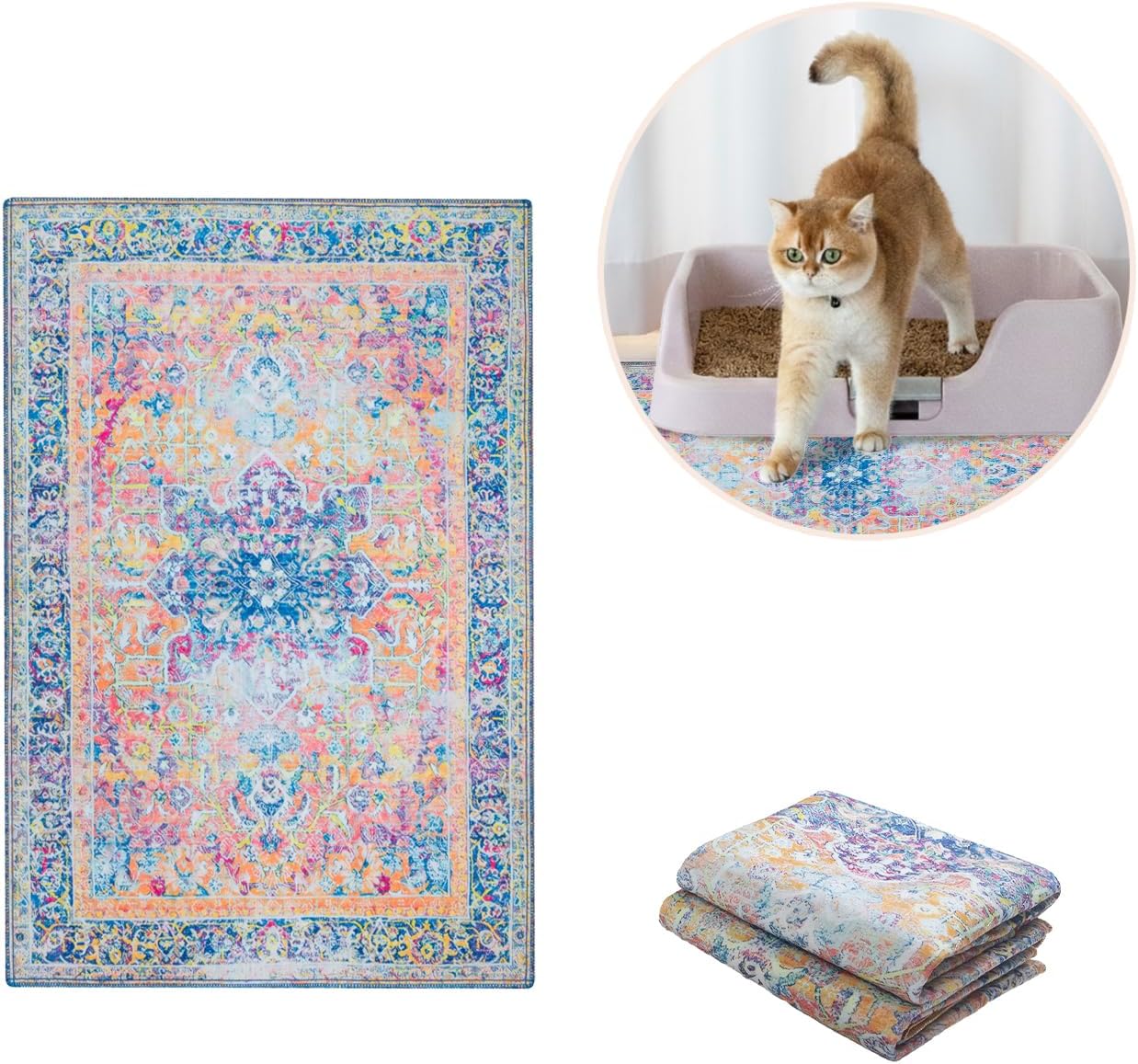 Lovewag Pets Cat Litter Box Mats 2 Pack - Small 16x24 Machine Washable, Easy Clean, Non-Slip, Waterproof Mats for Indoor Cats - Kitty Litter Mess Control & Urine Floor Protection (Marmalade Sunshine)