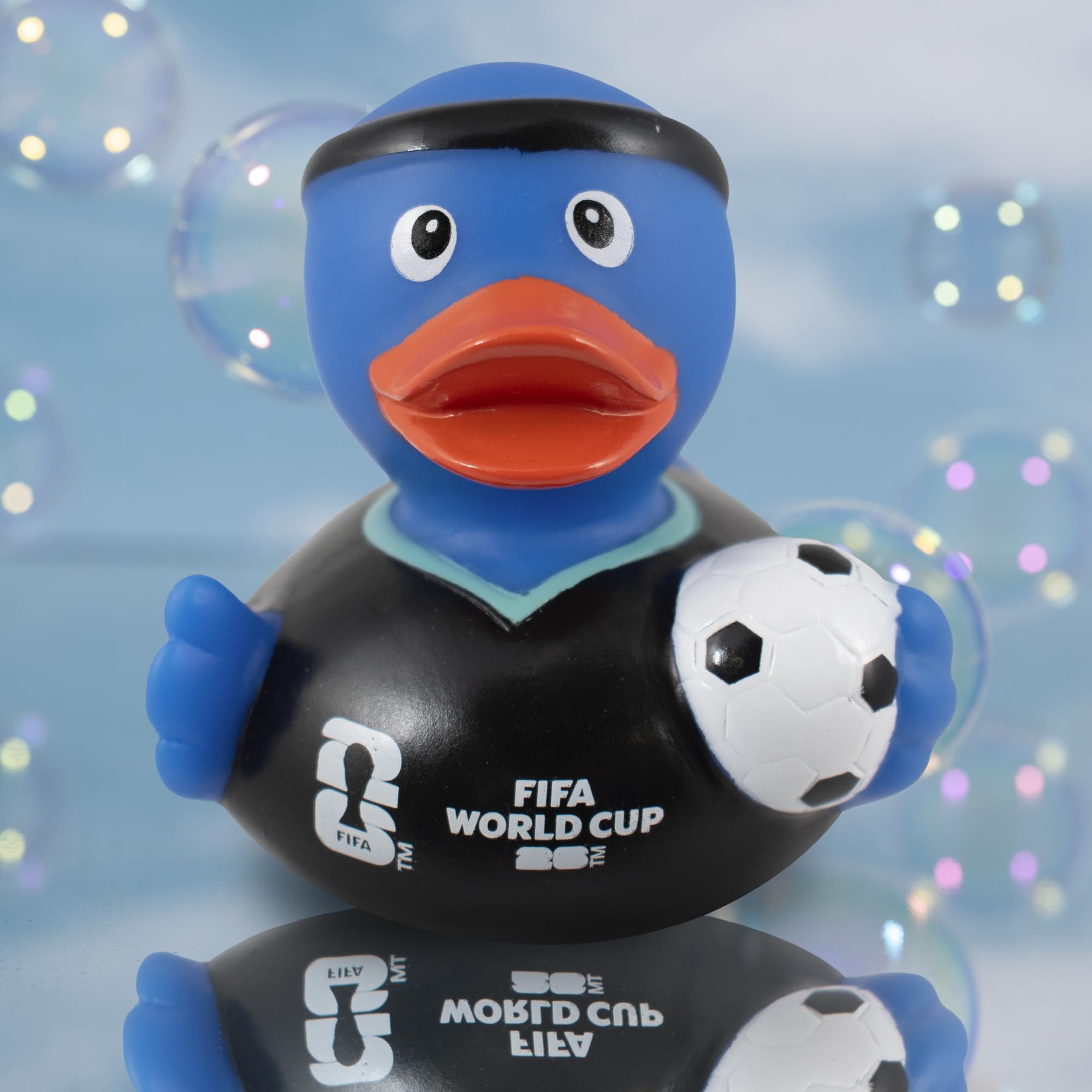 Hy-Pro Officially Licensed FIFA World Cup 2026 Rubber Duck - Bath Toy with Headband & Shirt Holding Ball, Collectible Football Mascot for Supporters, Fun & Nation Pride Display - Blue - 2