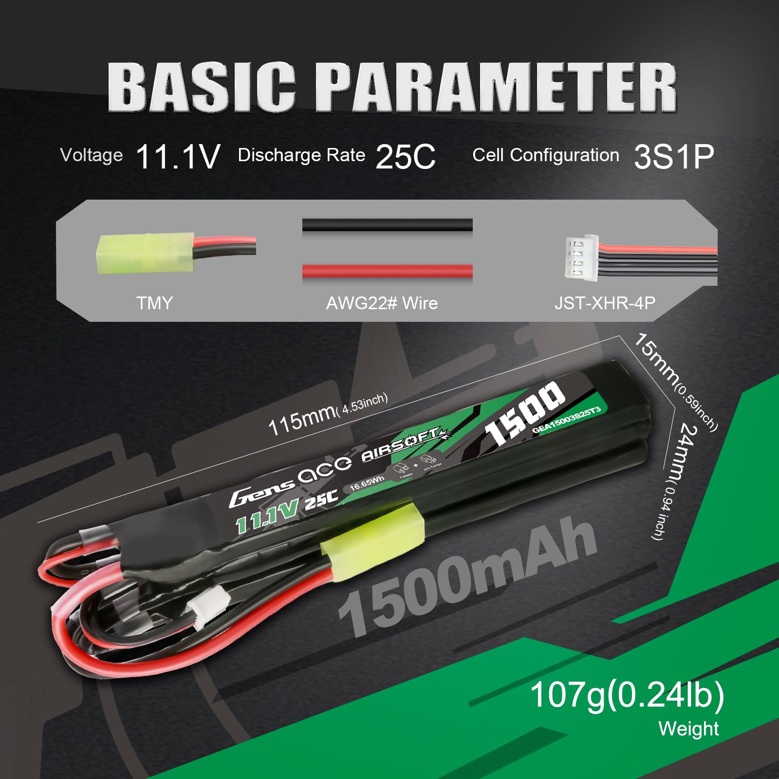 Gens Ace Batería LiPo 11,1 V 1500 mAh 25C 3S1P Batería Triple Dividida con Conector Estándar Tipo T, Compatible con Réplicas de Airsoft AEG