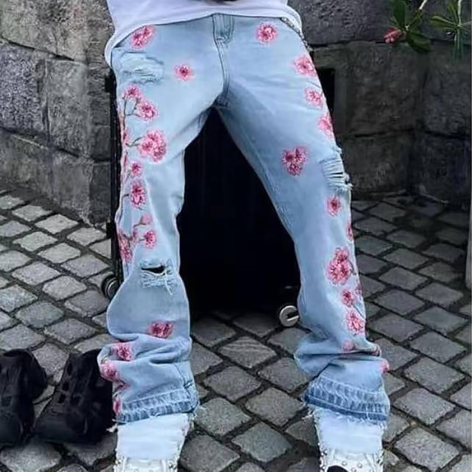 Men's Baggy Jeans Mid Rise Floral Embroidery Ripped Bootcut Jeans Straight Leg Denim Pants Hip Hop Streetwear Trousers - Image 3