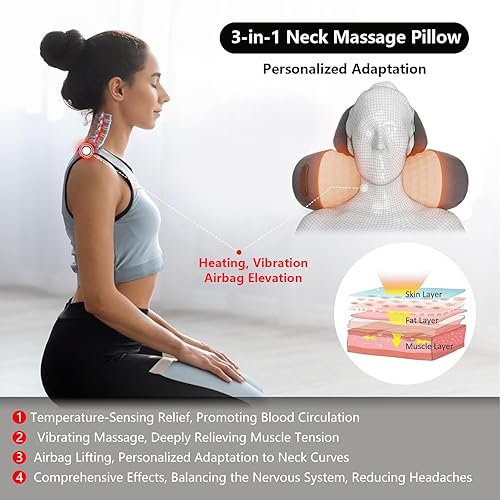 Vista 4 de Almohada de tracción cervical 3 en 1 para masaje, calentamiento, vibración, elevación de airbag, masaje automático, almohada de tracción cervical