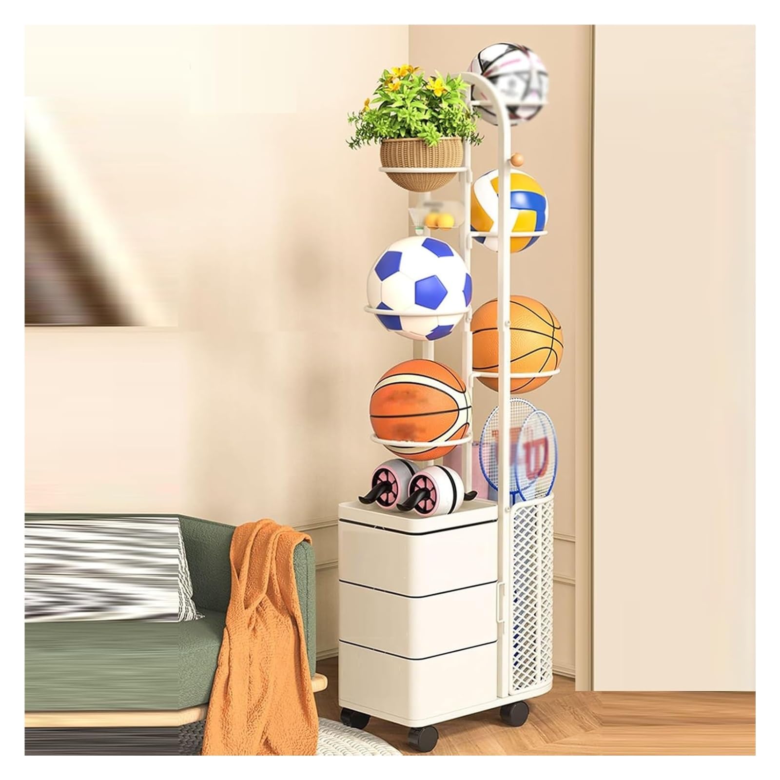 Rastrelliera for Racchette da Tennis, Espositore mobile for racchette da badminton, cestino for palline rimovibile, for basket e badminton
