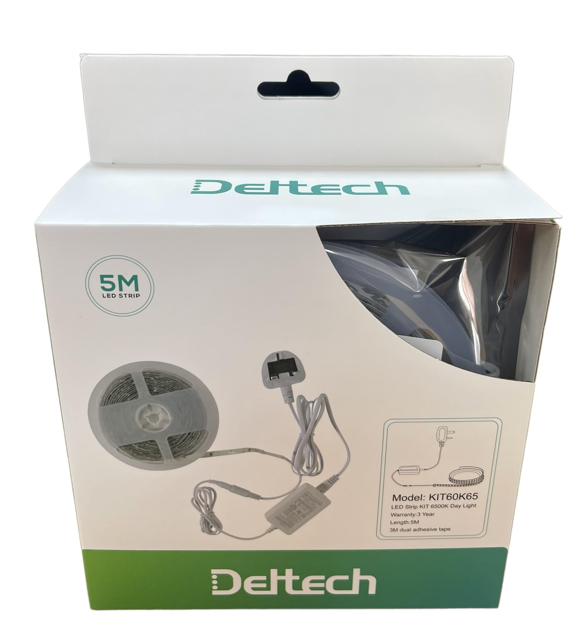 Deltech LED, Strip Light kit, Daylight, 60 Lights/Meter, IP65 Protection Rating, Complete with Driver Controller and Plug and Adhesive Backing. 5 Meters ROLL.