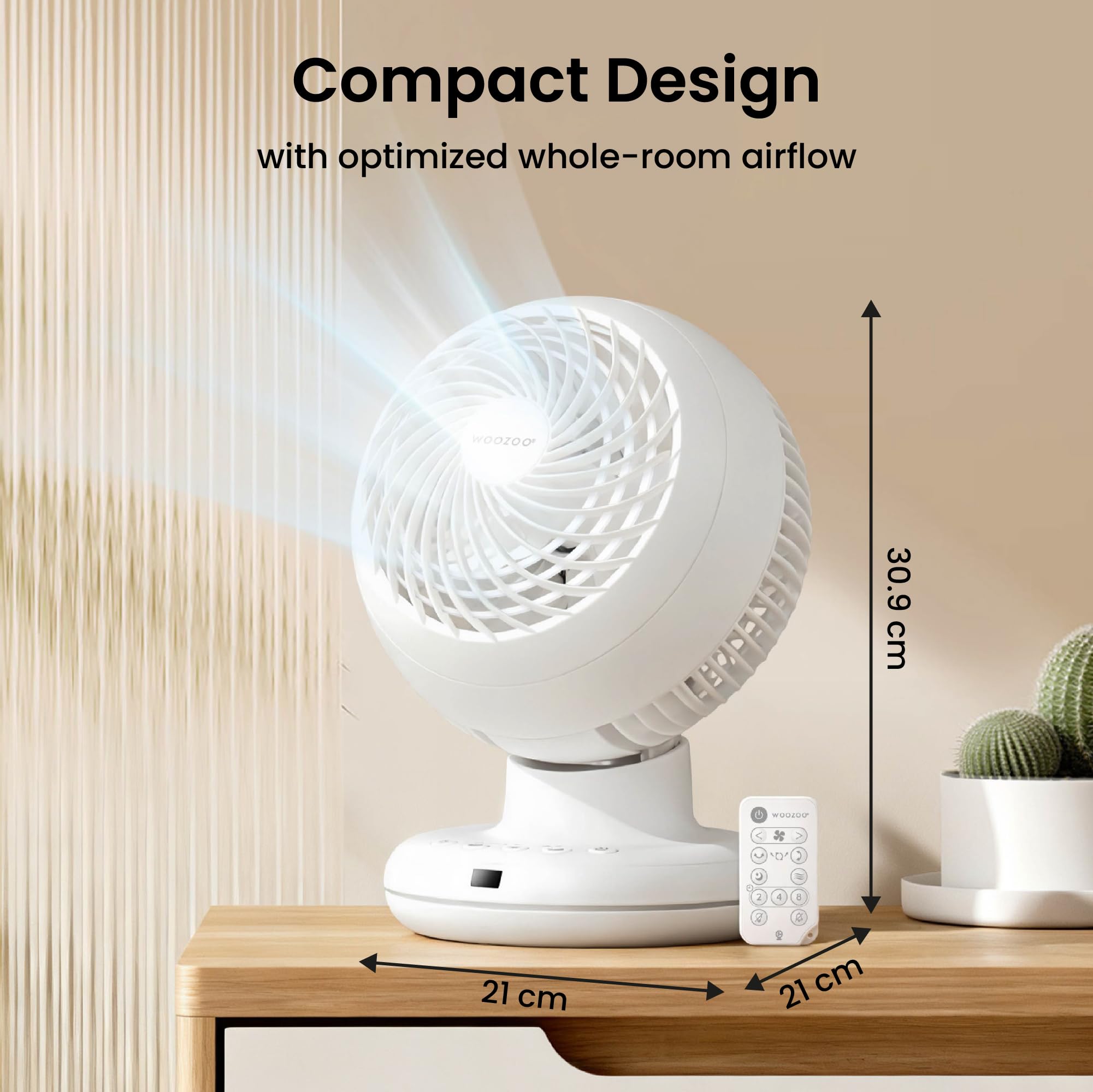 Iris Ohyama Woozoo Tischventilator, Raum bis 28m², Multidirektionale Oszillation, Fernbedienung, Leise 21dB, Tragbar, 3 Geschwindigkeitsstufen, Timer, Fan, Für Schafzimmer, Büro, Weiß, PCF-BC15TEC