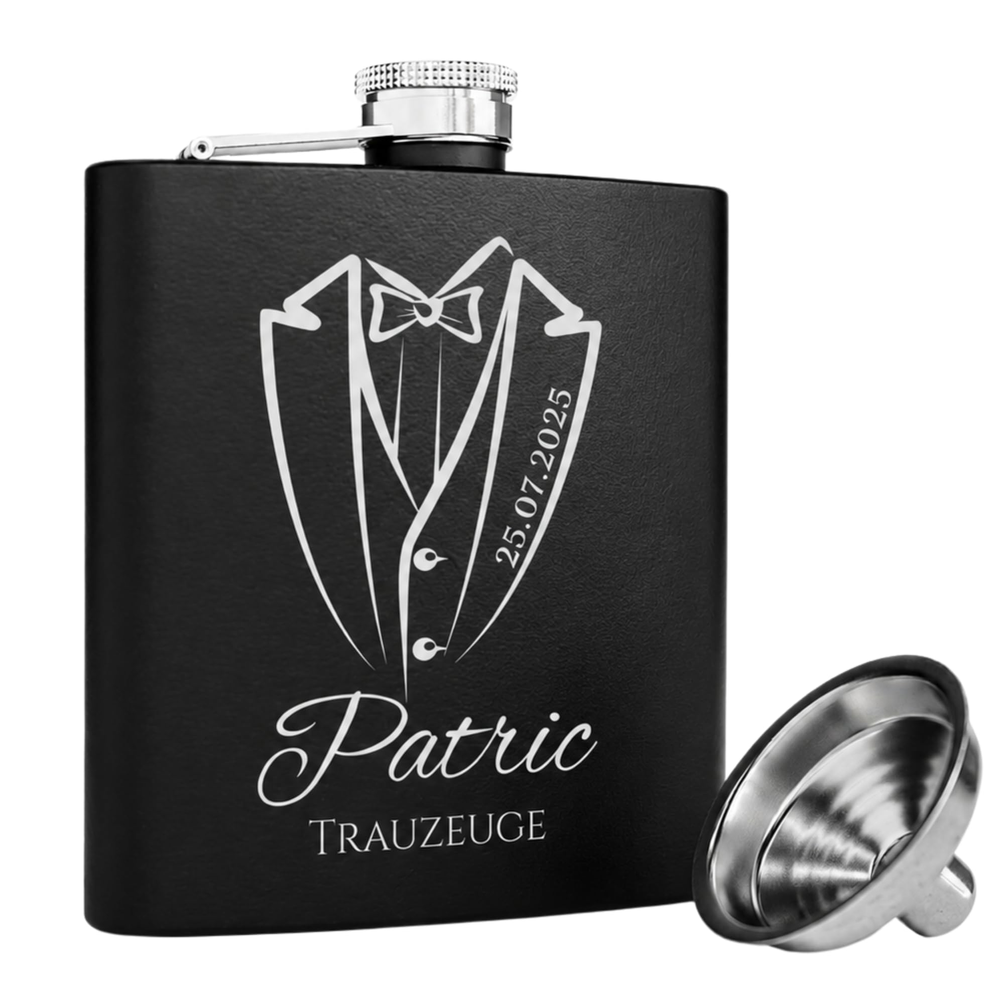 SMARTEON Personalisierter Flachmann mit Box & Trichter - Geschenkidee für Hochzeit und Männer - Edelstahl Flachmann Mit Namen - Trauzeuge Geschenk, Set 2