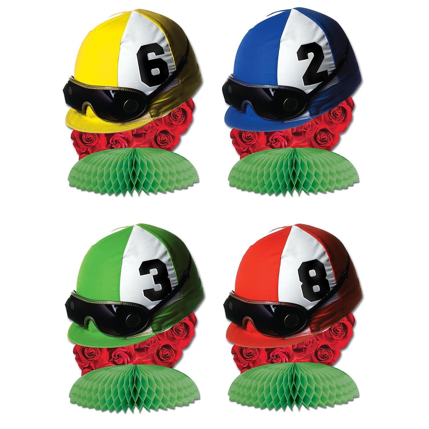 Beistle 4 Piece 4.5" Miniature Jockey Hat Helmet Centerpieces for Race Day, Equestrian Themed Horse Racing Party Decorations