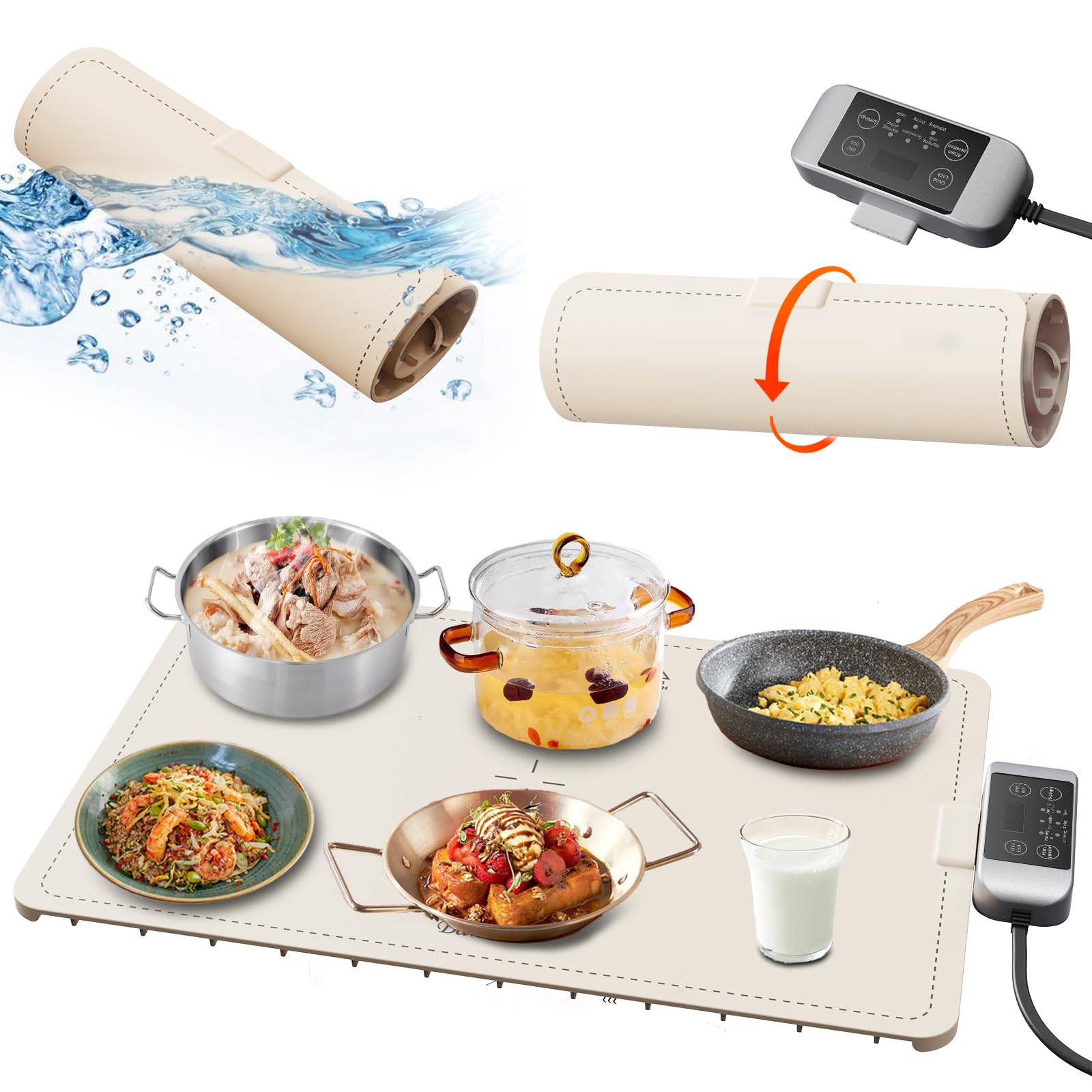 Electric Food Warming Tray - Removable Plug, Easy Cleaning, Full Surface Heating, Rollable Nano Silicone Material, 3 Temperature Settings, Auto Shut-Off- For Buffet, Home Party, Dinner (Sky Blue)
