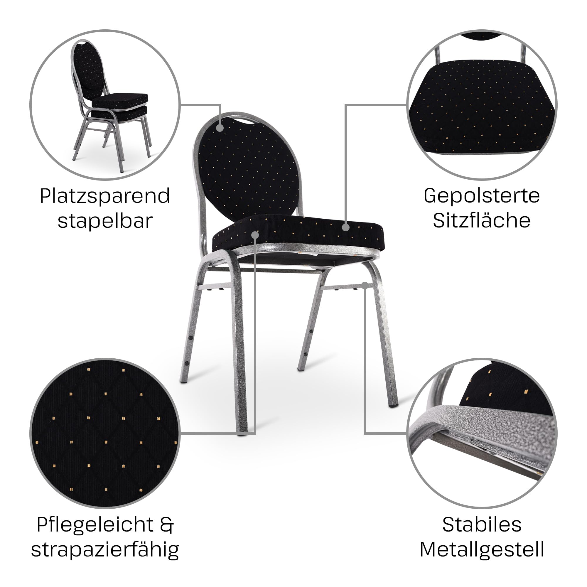 MACOShopde by MACO Möbel Raburg Stapelstuhl 6er-Set – Bankettstuhl gepolstert & stapelbar, bis 150 kg belastbar, robuster Stahlrahmen – Gastronomie, Hotel, Konferenz & Events | Vienna Silber/Schwarz
