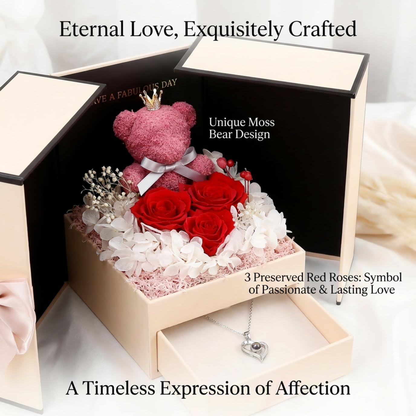 Gifts for Women, Birthday Gifts for Mom, Mother's Day Gift, Preserved Real Roses Flowers with I Love You in 100 Languages Necklace, Cute Moss Bear Gift for Girlfriend Wife Mom Grandma