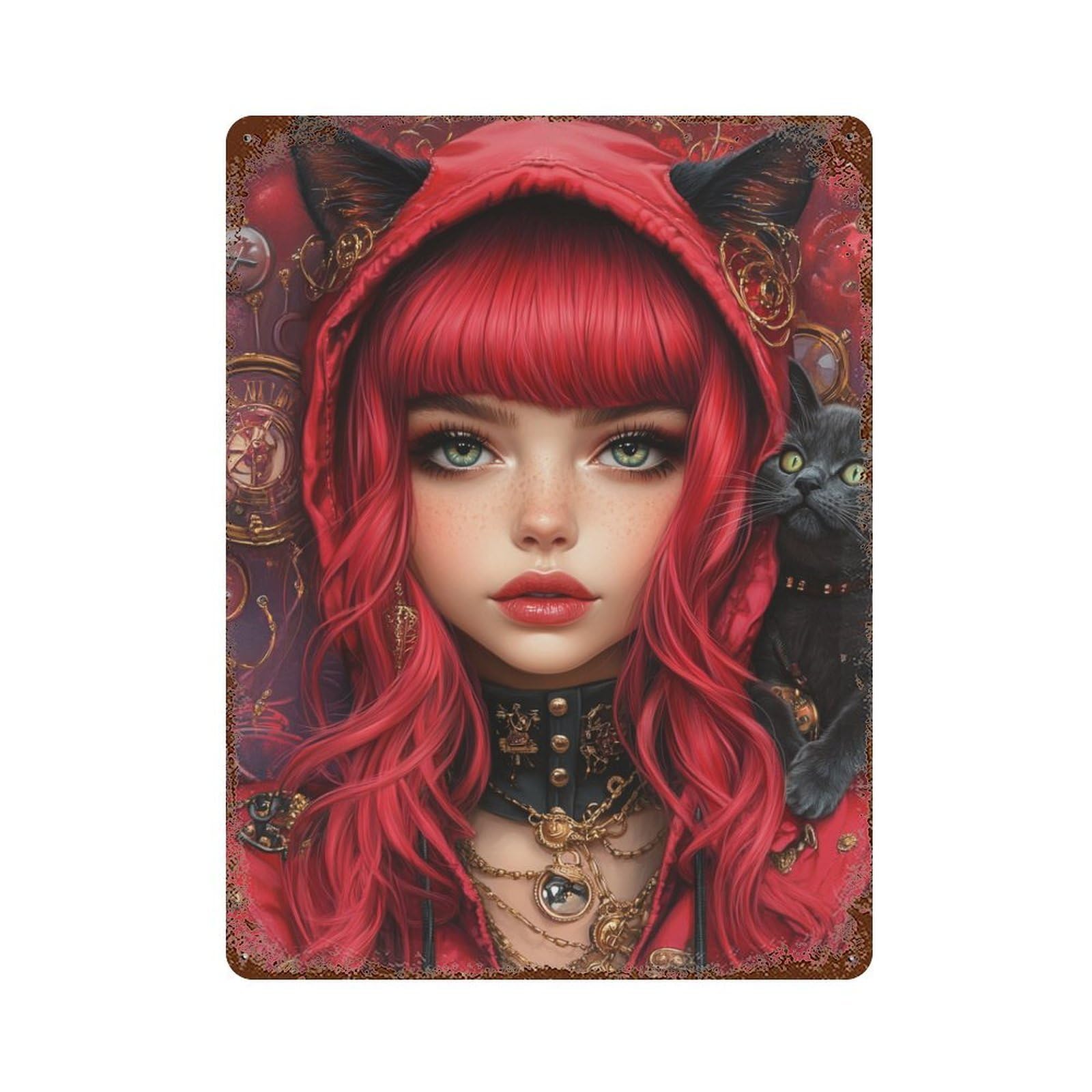 Rust Effect Steampunk Cat Hoodie with Red Hair Distressed Metal Wall Sign 15.7"x11.8", Decorative Metal Wall Art for Living Room, Hallway And Home Decor