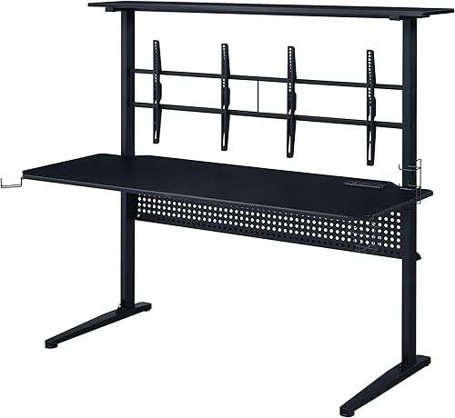 Acme Canzi - Mesa de juegos de madera con 2 soportes de pantalla de metal, color negro