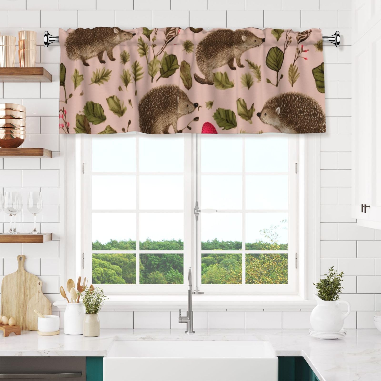 NONHAI Hedgehog Print Valances for Windows Short Curtains Rod Pocket Cafe Window Treatments Valance Curtains for Kitchen Bathroom Laundry Basement Windows 54x18inch Blackout Window Valance