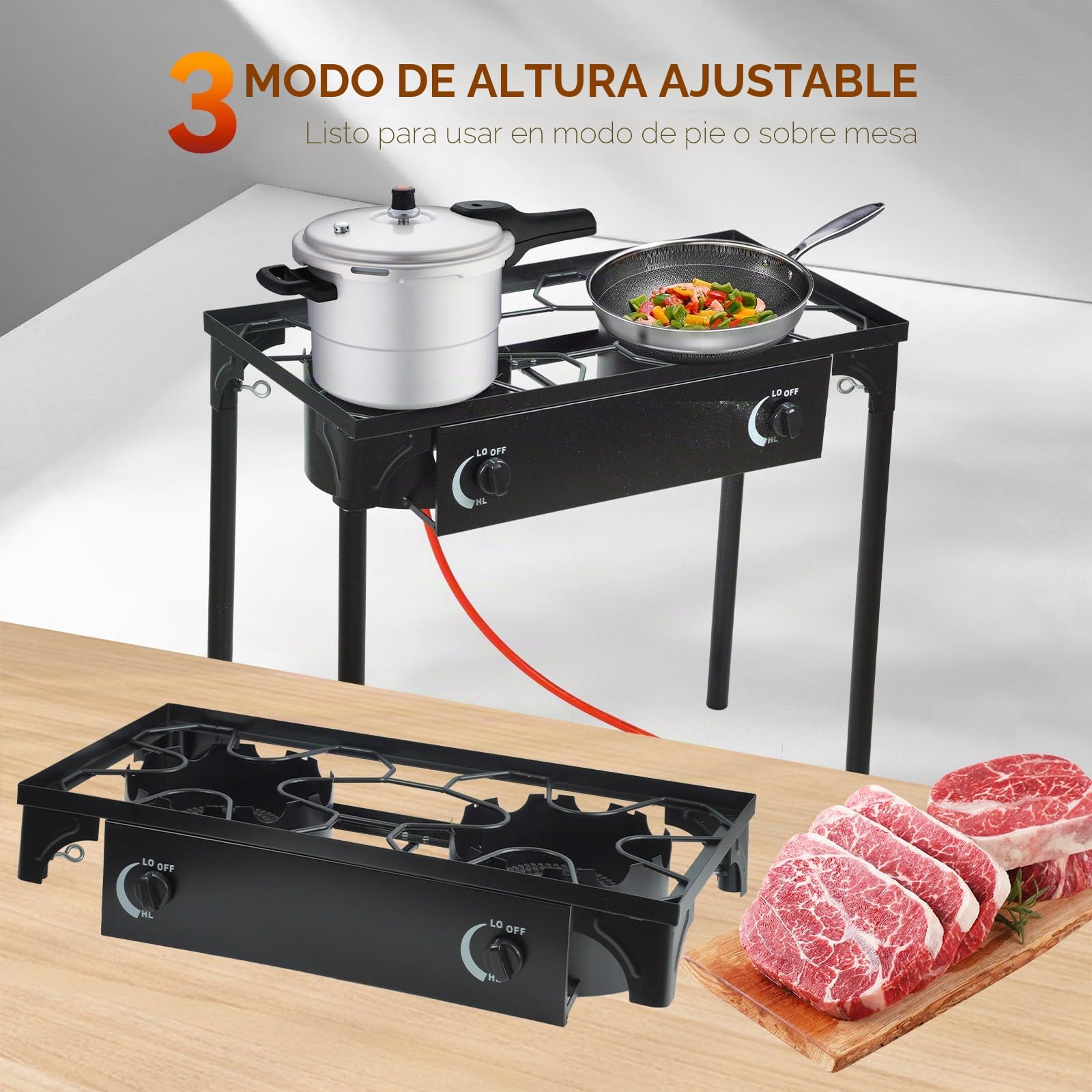 BACOENG Hornillo de Gas con 2 quemadores con patas desmontables, Hornillo Camping Gas Portatil con 1.5M Manguera y Regulador Presión 50 mbar