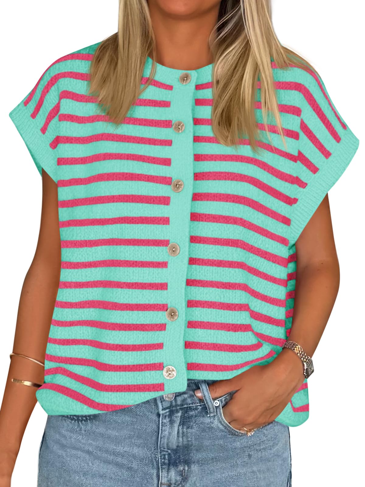 cicy bell Womens Striped Cap Sleeve Sweater Vest Crew Neck Button Down Cardigan Cute Knit Tops-picture-46