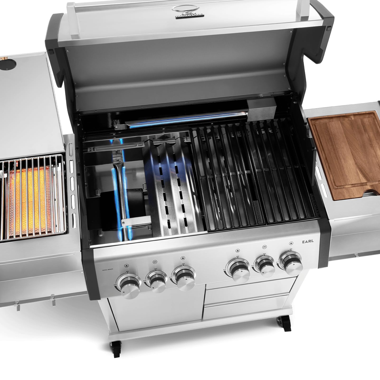 BURNHARD® Gasgrill 4-Brenner inkl. Heckbrenner, mit Gusseisen Grillrost | inkl. stabiler Abdeckhaube, Seitenkochfeld mit Infrarot Keramikbrenner, Big EARL
