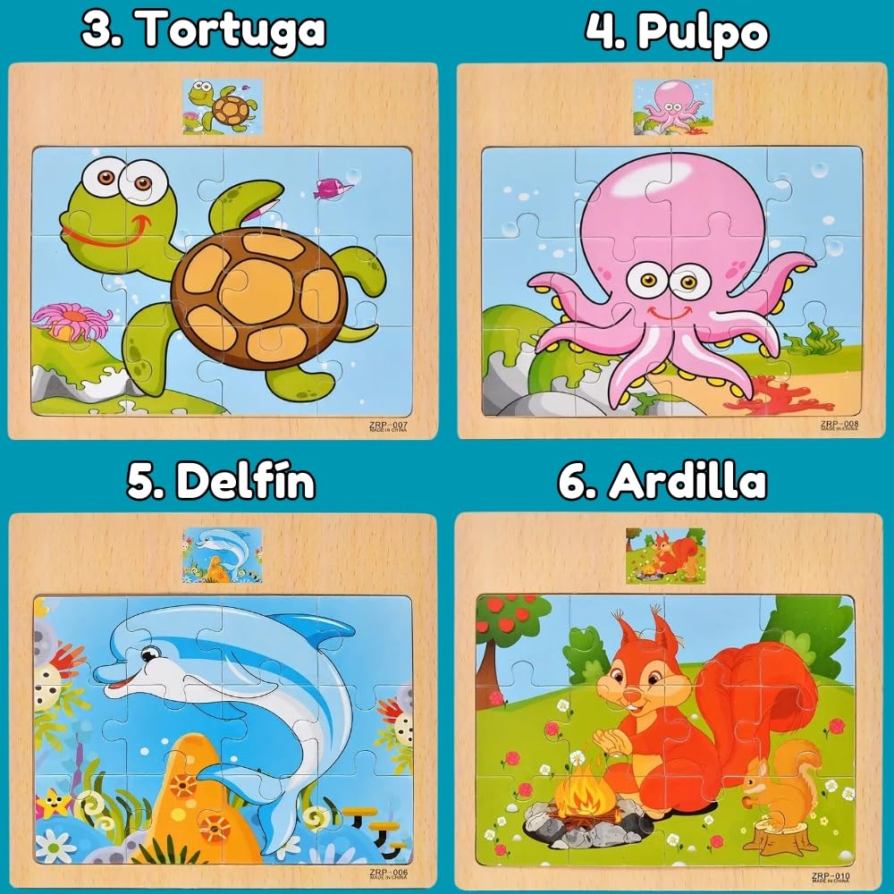 Pack 10 Puzzle Madera, Puzzles Infantiles Niños 3 a 8 Años, Juguetes Educativos, Regalos Cumpleaños Niños, Set de 10 Rompecabezas con Dinvertidos Animales (Pack 10 Puzzles)