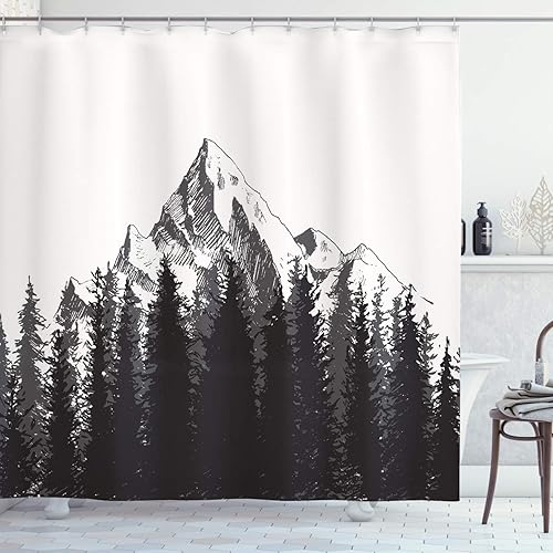 Ambesonne Cortina de ducha prehistórica, estampado retro de bosque de abeto de montaña y flechas, juego de decoración de baño de tela con ganchos,