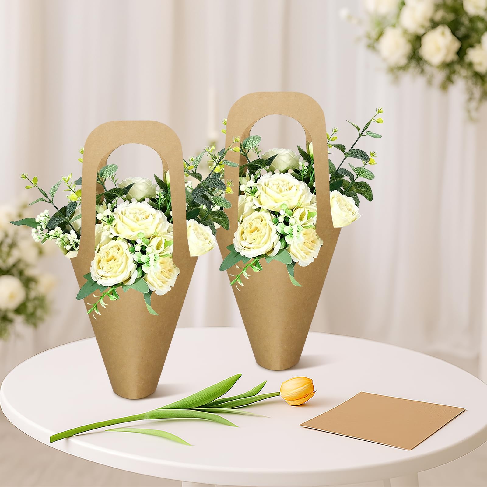 Lot de 100 Sacs pour Bouquets en Papier Kraft avec Poignées, 35x19x7,5cm | Sacs d’Emballage Fleurs pour Fleuristes, Cadeaux, Compositions Florales, Mariages, Saint-Valentin et Fête des Mères