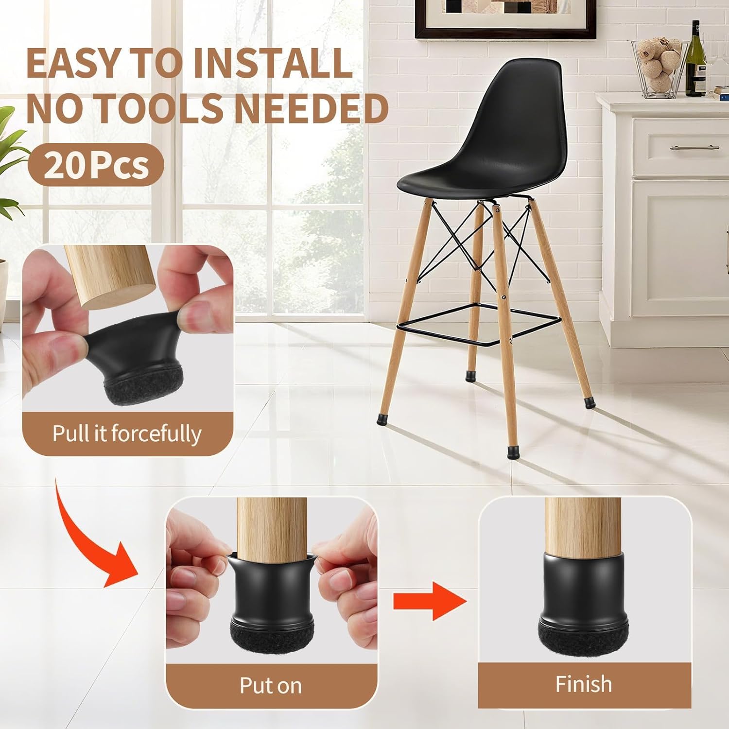 20PCS Black Chair Leg Protectors for Hardwood Floors, Silicone Chair Leg Floor Protectors for Chairs, Rubber Chair Leg Caps with Felt Pads for Tile from Scratches, Reduce Noise (Fit 0.55"-0.75")