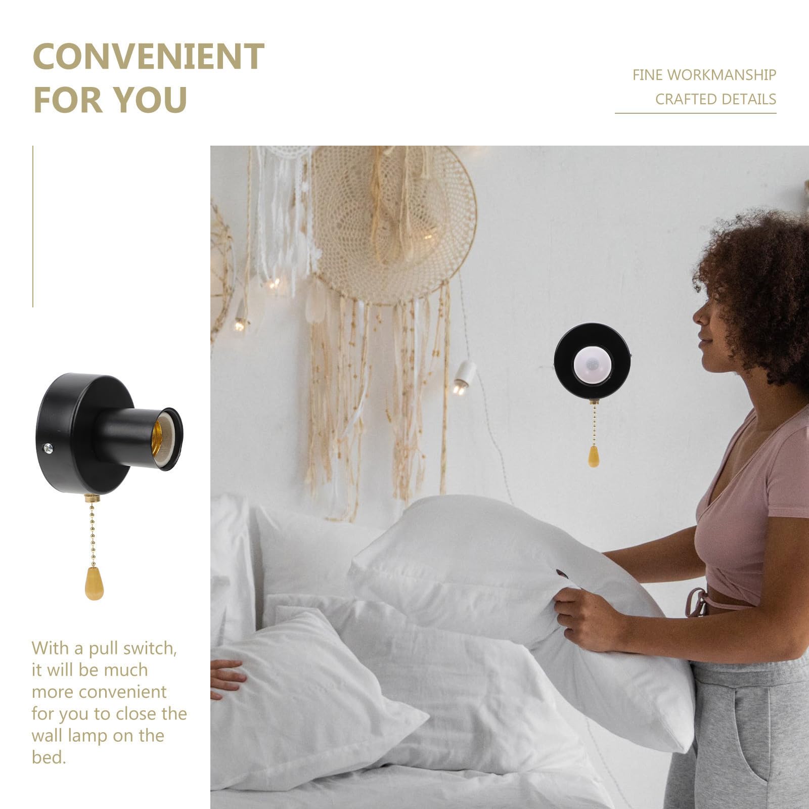 ULTECHNOVO Portalámparas con Interruptor de Cuerda para Lámparas de Dormitorio, Acero Inoxidable Negro, Fácil de Instalar para Hogar y Tienda