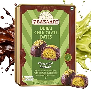 7 BAZAARI Dubai Kunafa Chocolate Dates – 12 Pcs Premium Pistachio Dates Filled with Crispy Kunafa & Coated in Milk Chocola Price In India